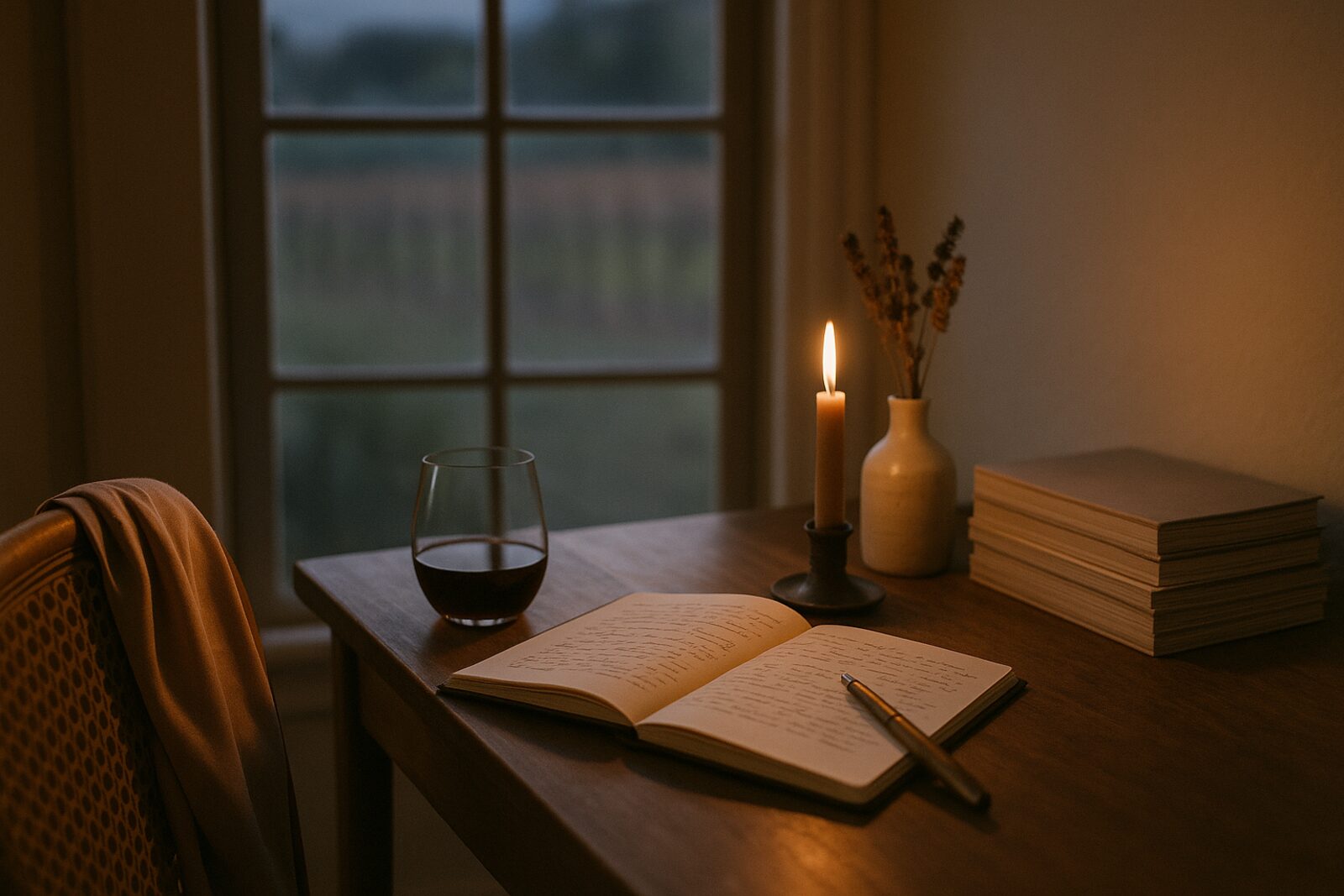 A writing desk in soft afternoon light — open notebook, single candle, quiet