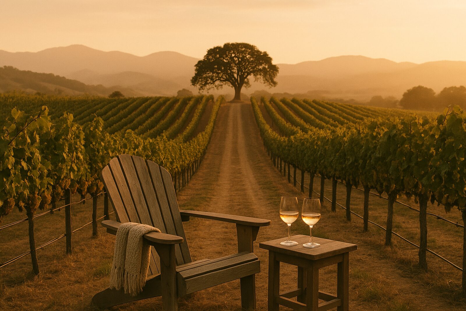 A Sonoma County vineyard at golden hour — long dirt path between cabernet rows, a weathered oak on a low hill, warm amber sky, and a single empty Adirondack chair turned toward the view