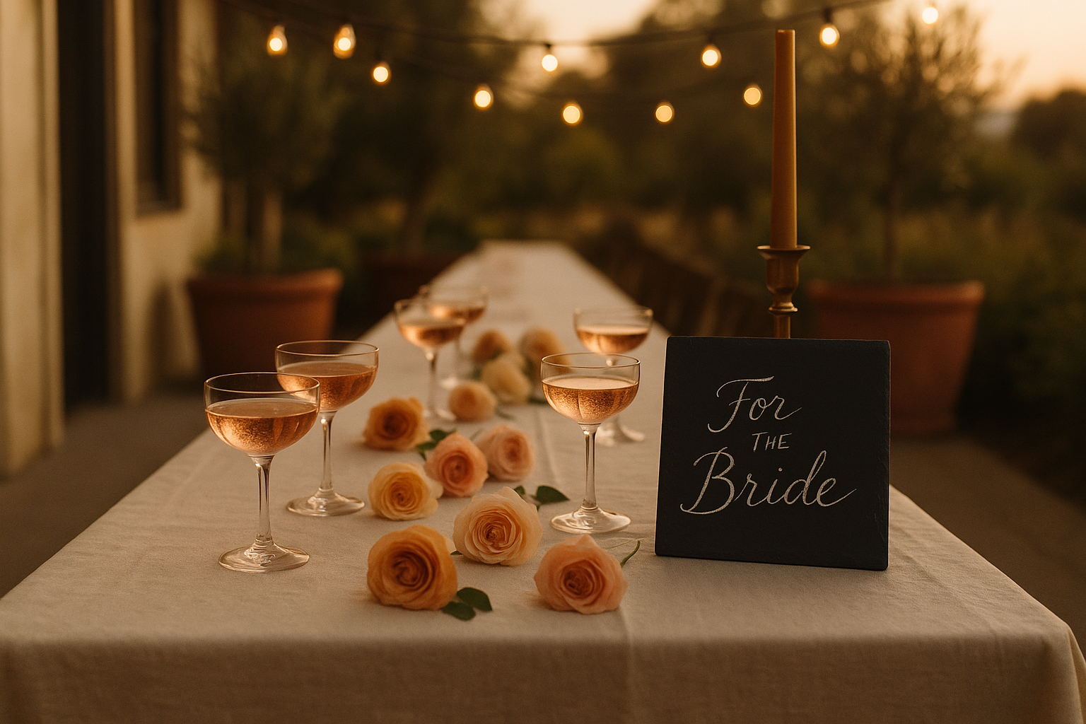 A long linen-draped table on a Healdsburg restaurant patio at sunset — six coupe glasses of rosé, peach roses, a chalkboard sign reading FOR THE BRIDE