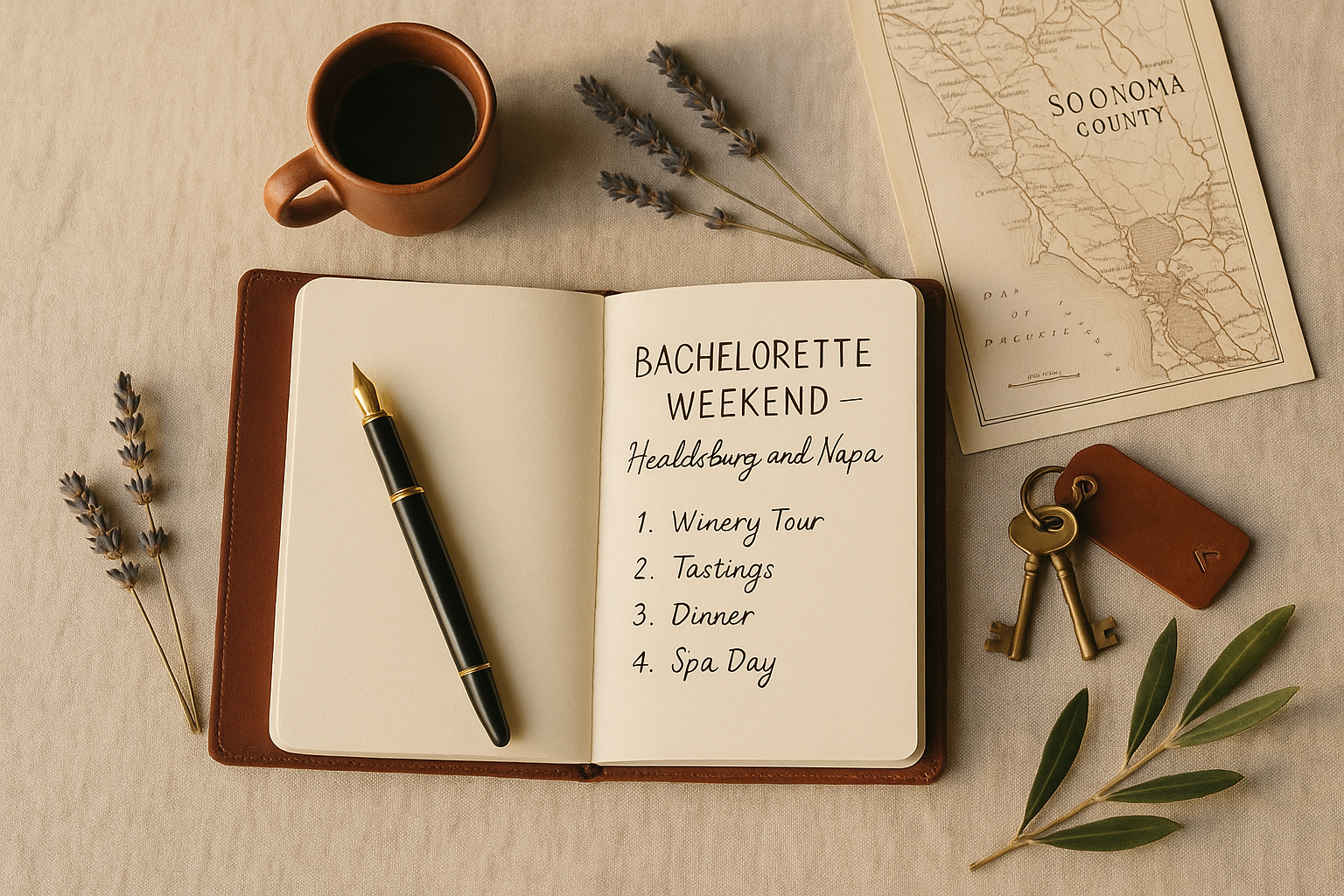 Flat lay — leather notebook with handwritten Bachelorette Weekend itinerary, brass pen, dried lavender, vintage map of Sonoma County