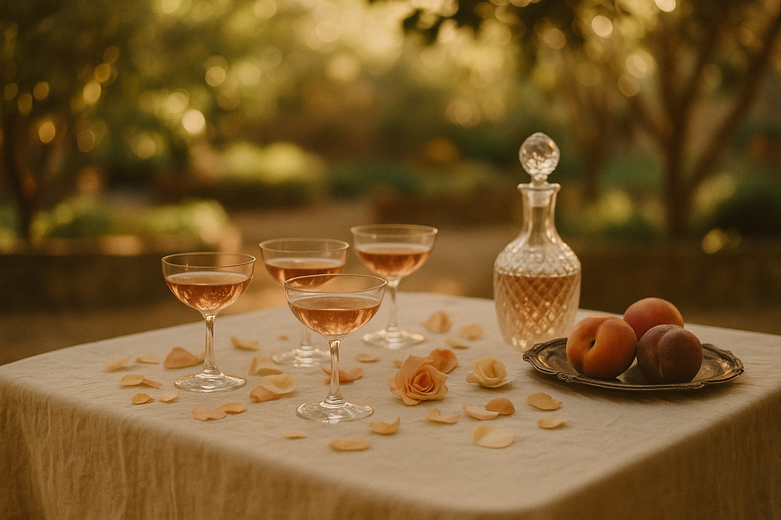 Linen-draped garden table with coupe pinot glasses, rose petals, and stone fruit in a Yountville courtyard, late afternoon