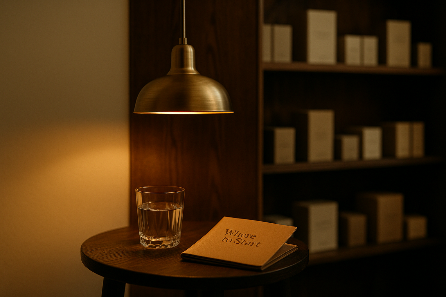 Warm brass pendant lighting glowing amber against a stained oak wall — softly out-of-focus shelving in background, a leather guidebook reading 'Where to Start' on a small wood side table