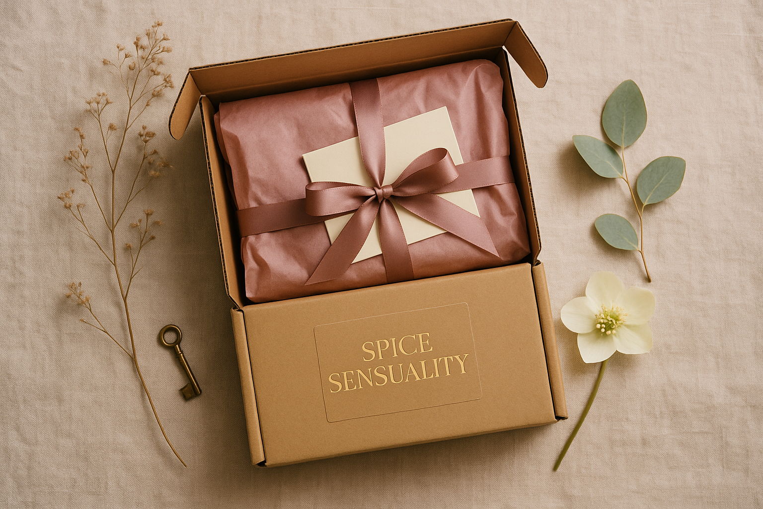 Discreet Spice Sensuality shipping package — plain kraft brown box with minimal gold-foil 'Spice Sensuality' label, dusty rose tissue inside, satin ribbon, dried botanicals around