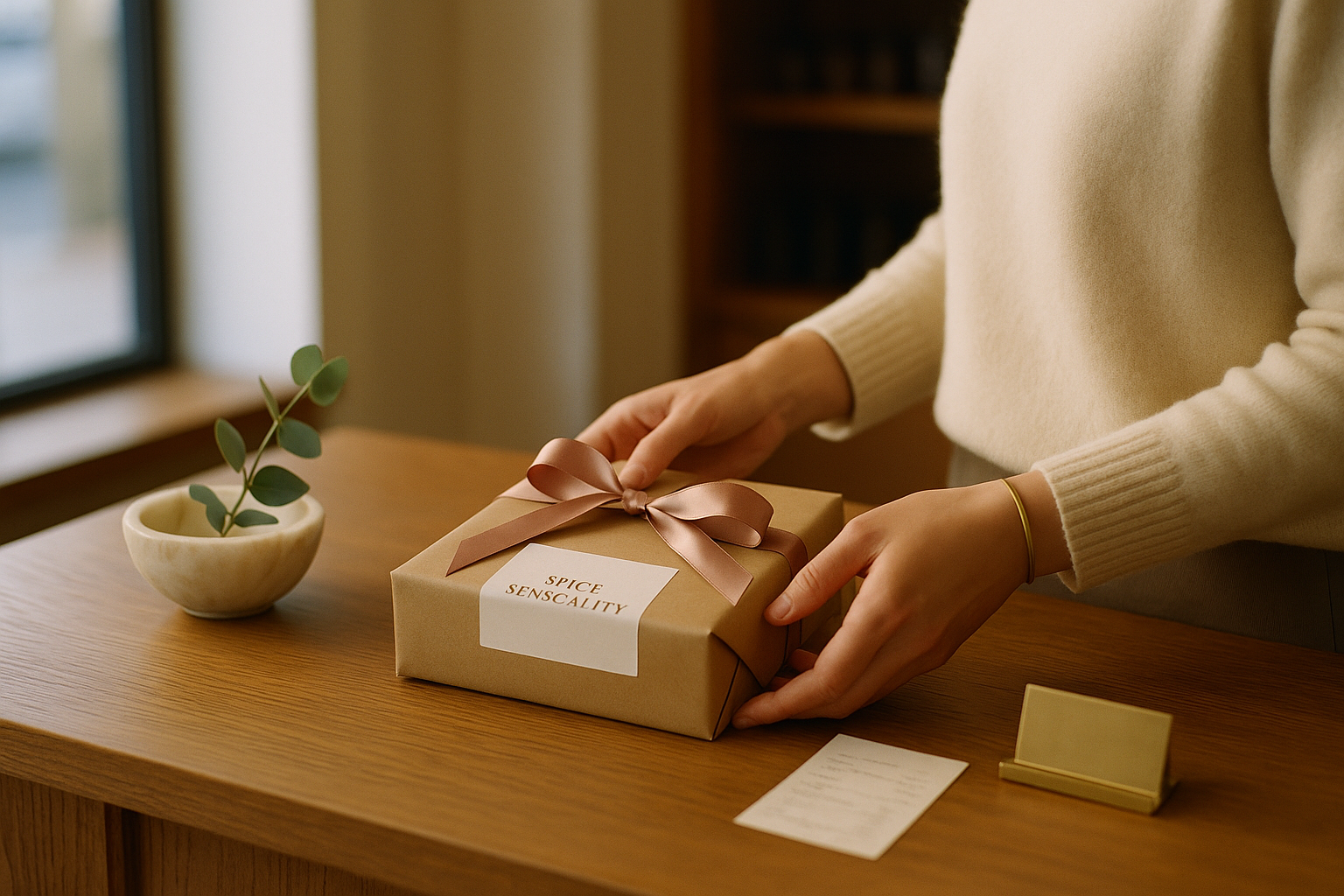 A moment of quiet boutique service — from behind, a person in a cream sweater placing a Spice Sensuality kraft package tied with a satin ribbon onto a polished oak counter, beside a small alabaster bowl with eucalyptus