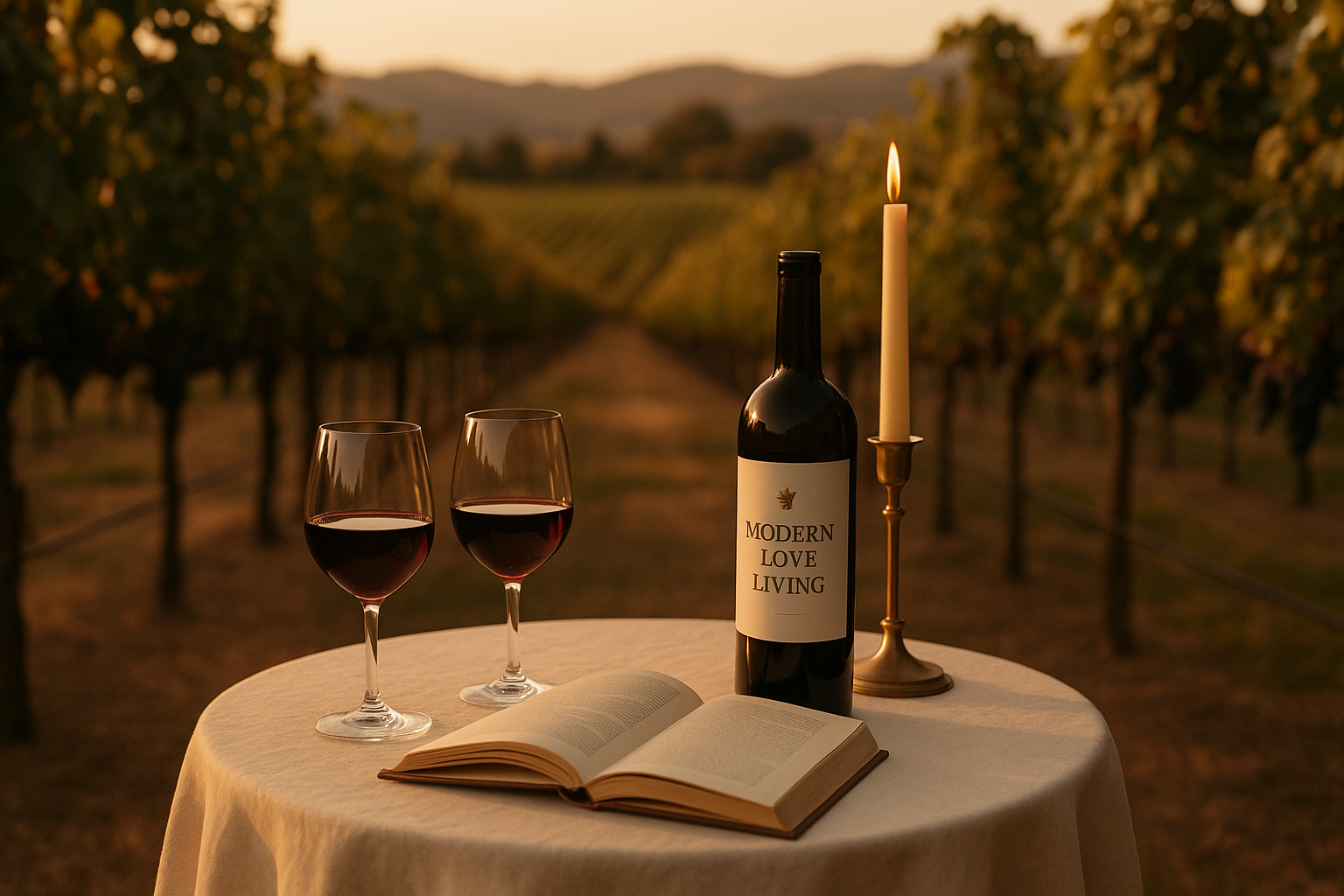 A linen-covered bistro table in a Healdsburg vineyard at golden hour — two filled wine glasses, an open book, a brass candlestick, and a Modern Love Living wine bottle