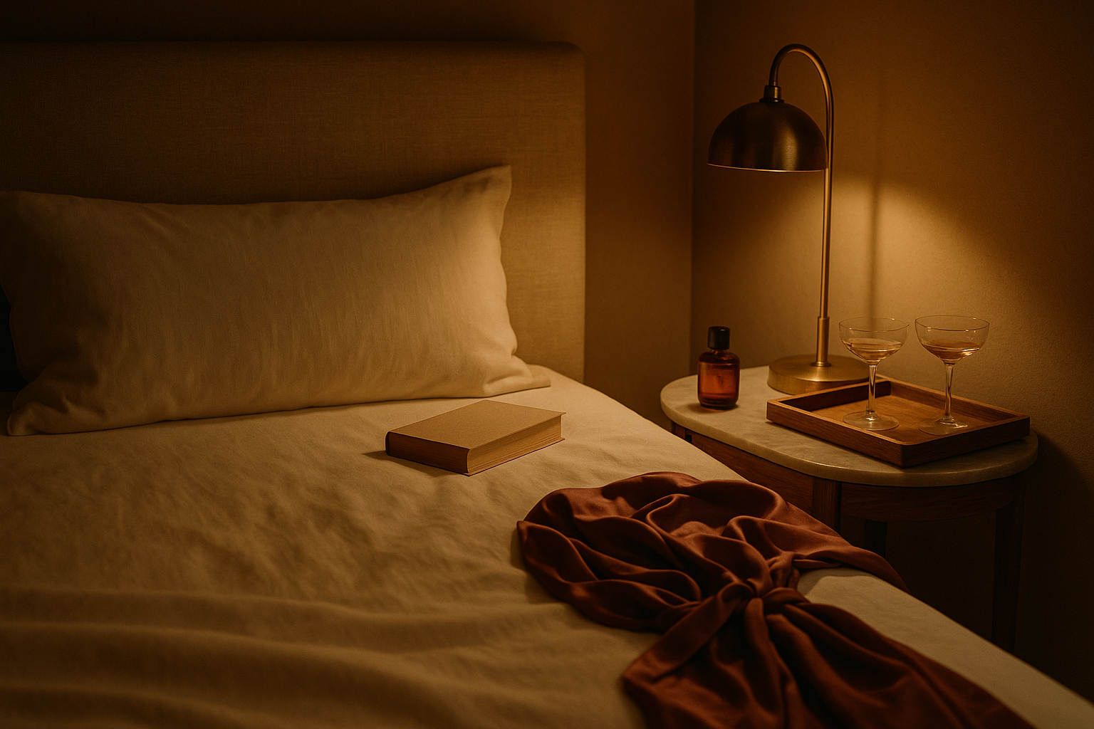 Dimly lit Sonoma bedroom corner — linen headboard, brass lamp, hardcover book face-down, silk robe folded over the bed corner, two coupe glasses on a brass tray