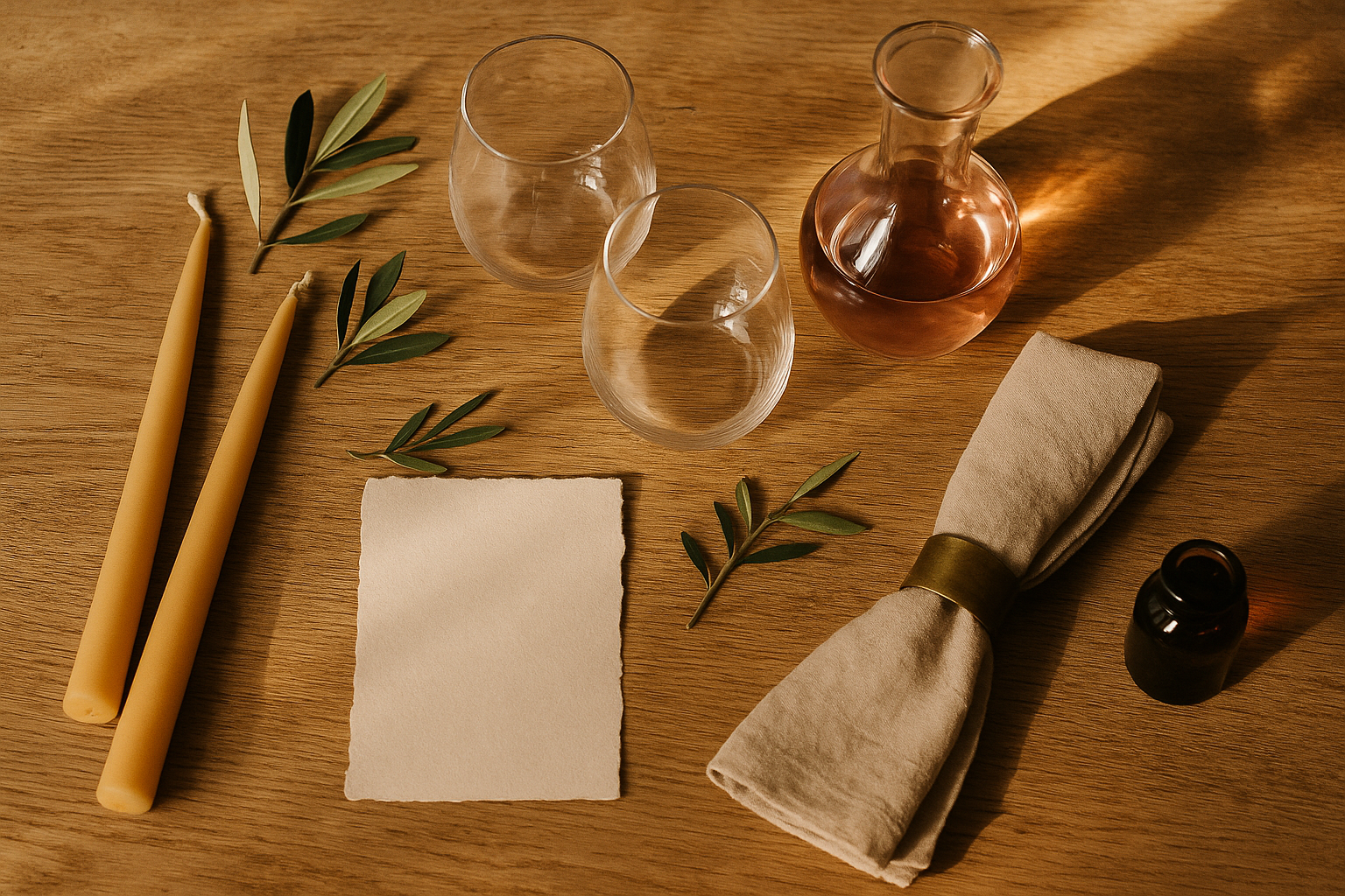 Overhead flat-lay of a date-night kit on raw oak: candles, glasses, decanter, linen napkin