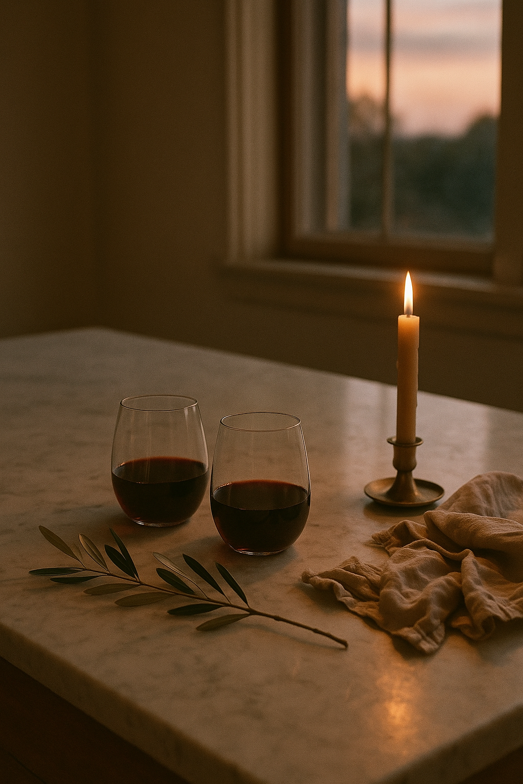 Marble kitchen island at magic hour — two stemless wine glasses, an olive branch, a beeswax taper burning low