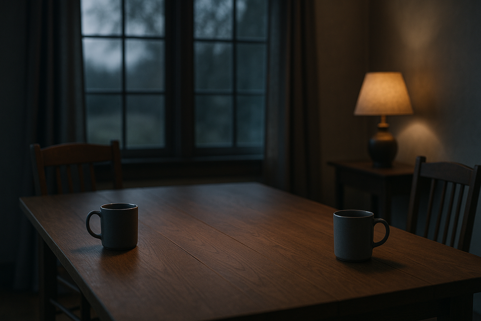 Two mugs at opposite ends of a quiet table at dusk