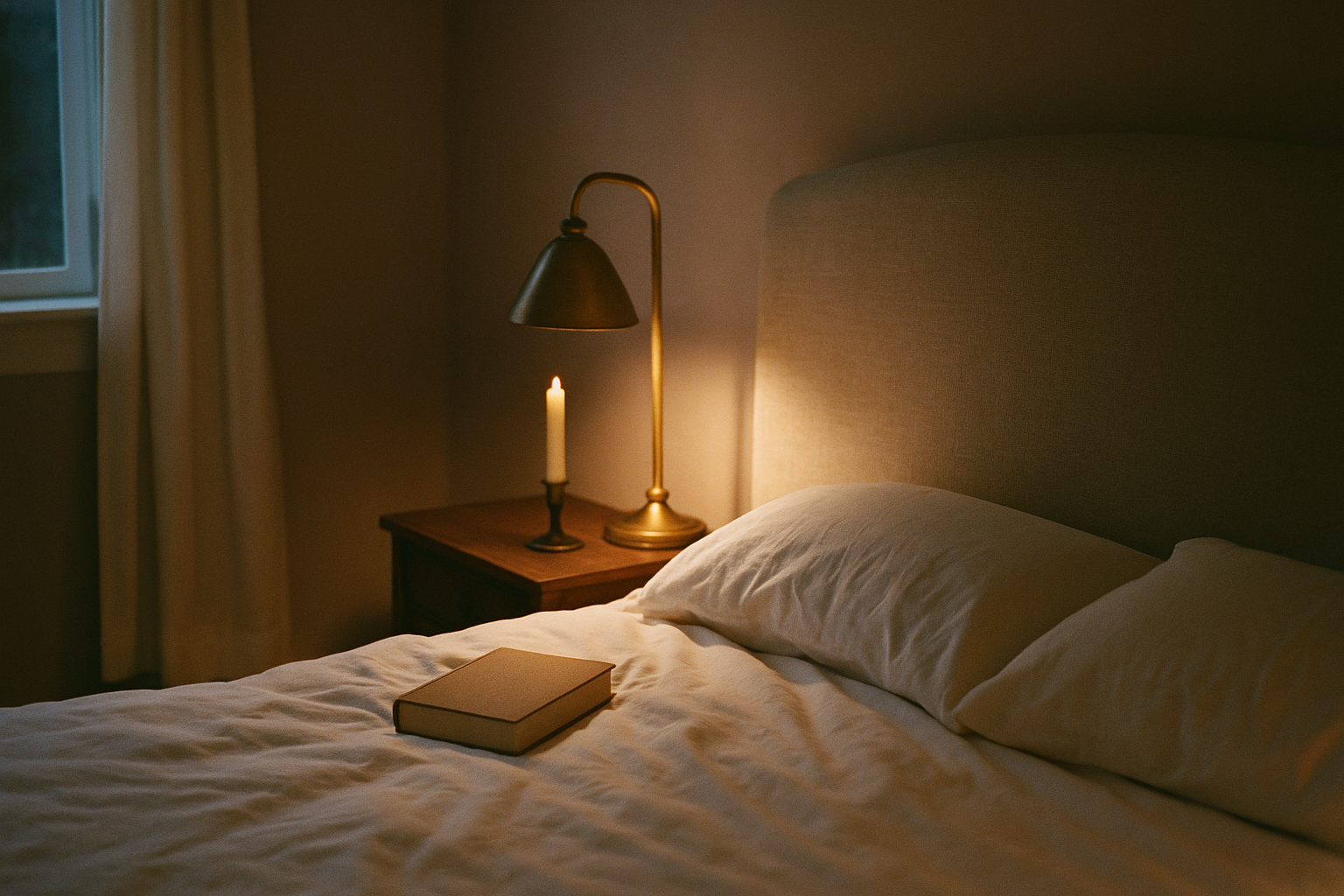 Dimly lit bedroom corner — linen headboard, brass bedside lamp, hardcover book face-down on a rumpled duvet, taper candle