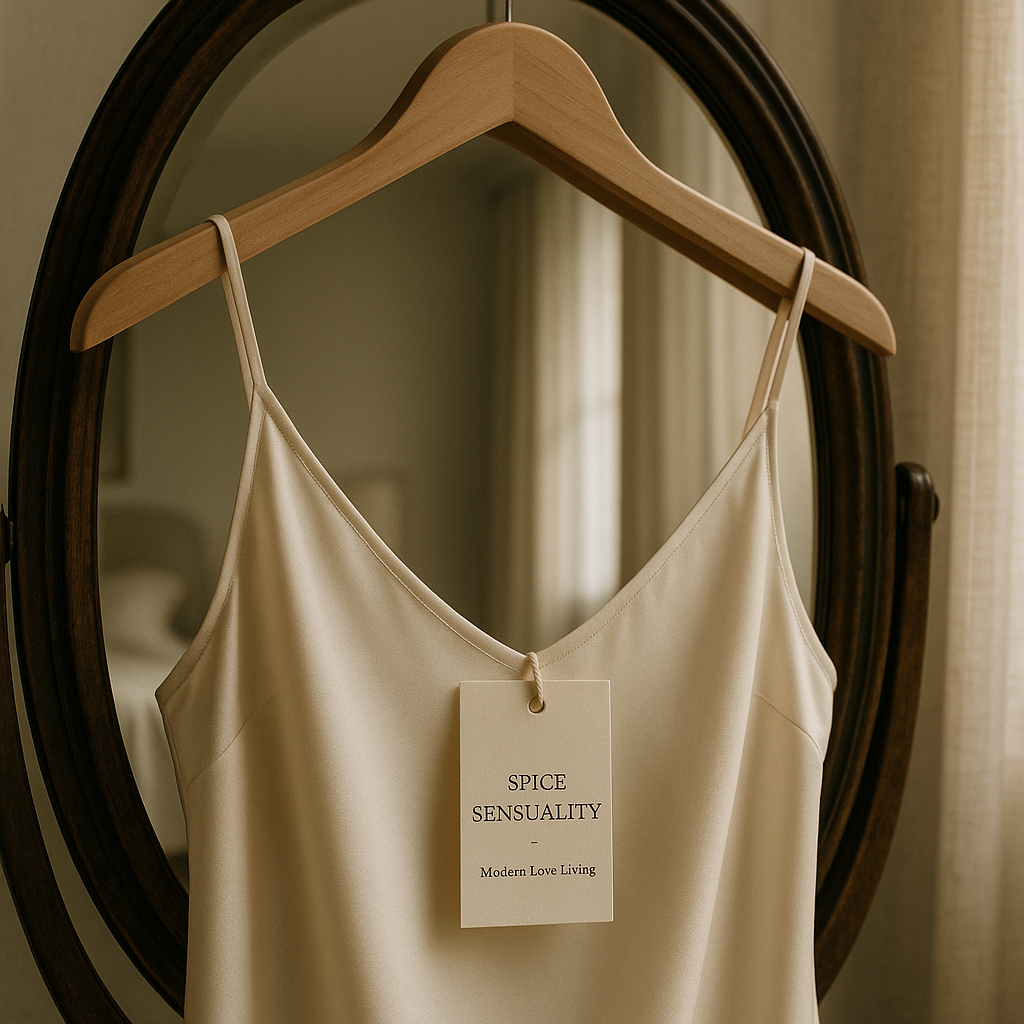 Cream silk slip on a wooden hanger before an antique oval mirror