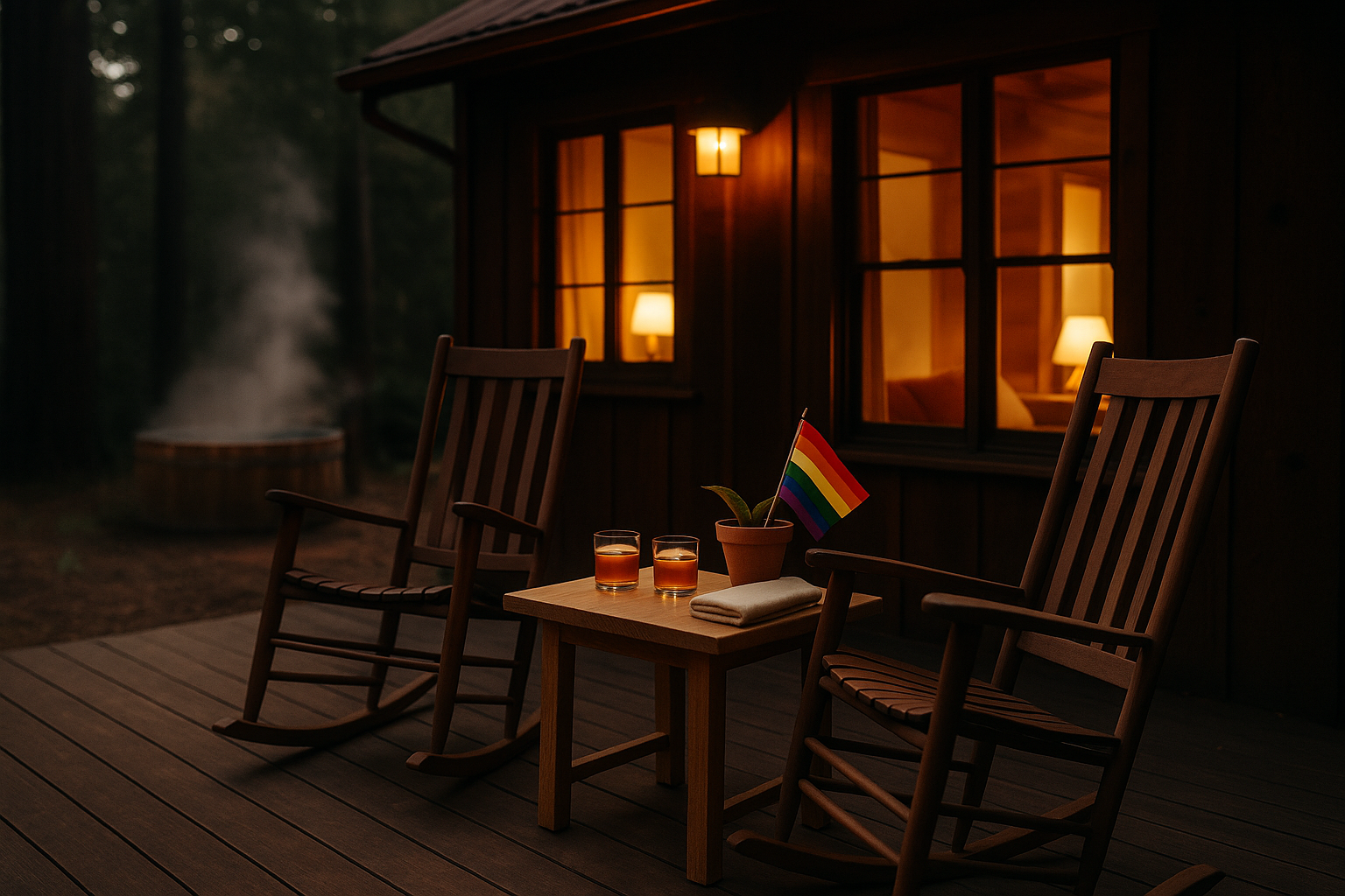 Small redwood cabin at dusk in Guerneville with warm yellow light glowing inside, two rocking chairs on the porch, two amber cocktails, wood-fired hot tub steam in background