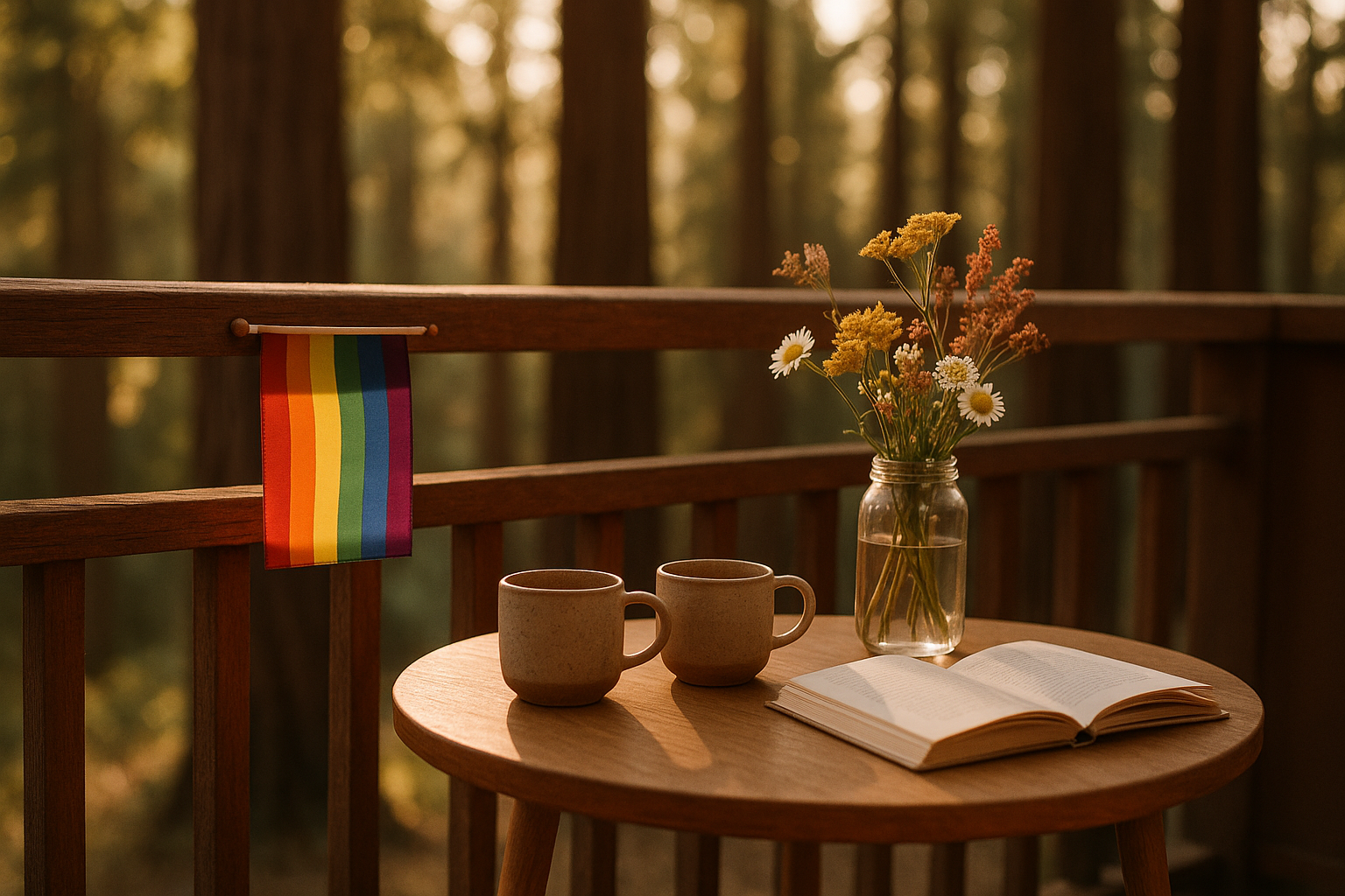 A small Pride flag hanging gently on a redwood porch railing in Guerneville at golden hour, beside a glass mason jar of wildflowers and two coffee cups