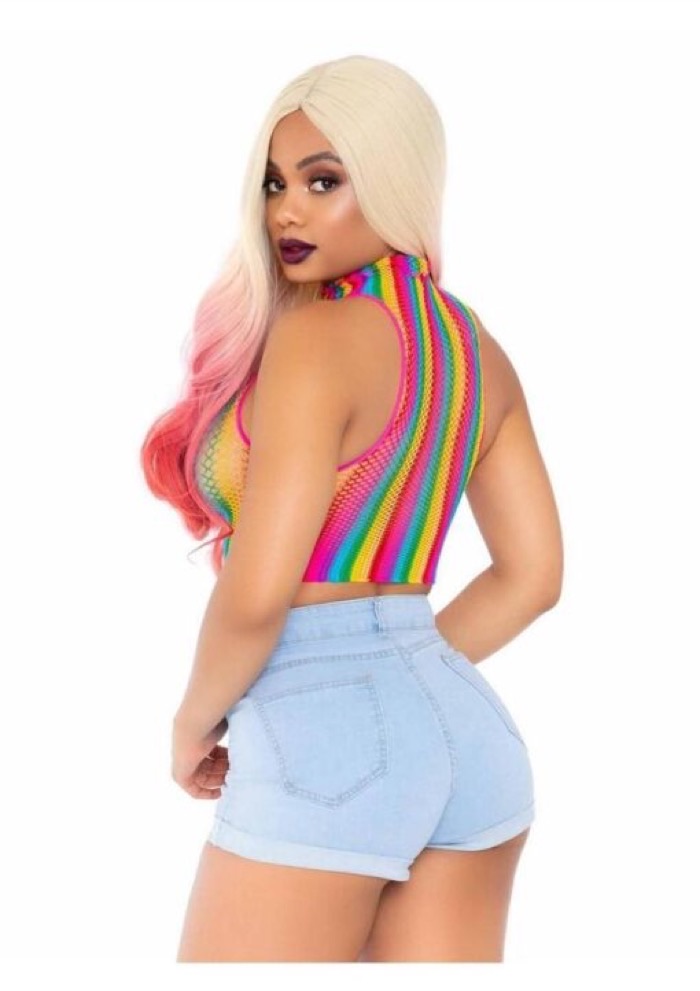 Leg Avenue rainbow net high-neck crop top
