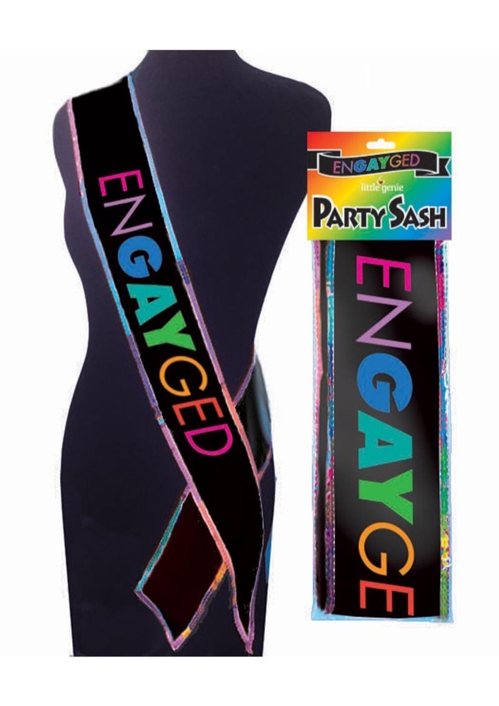 Engayged Pride party sash, black on rainbow