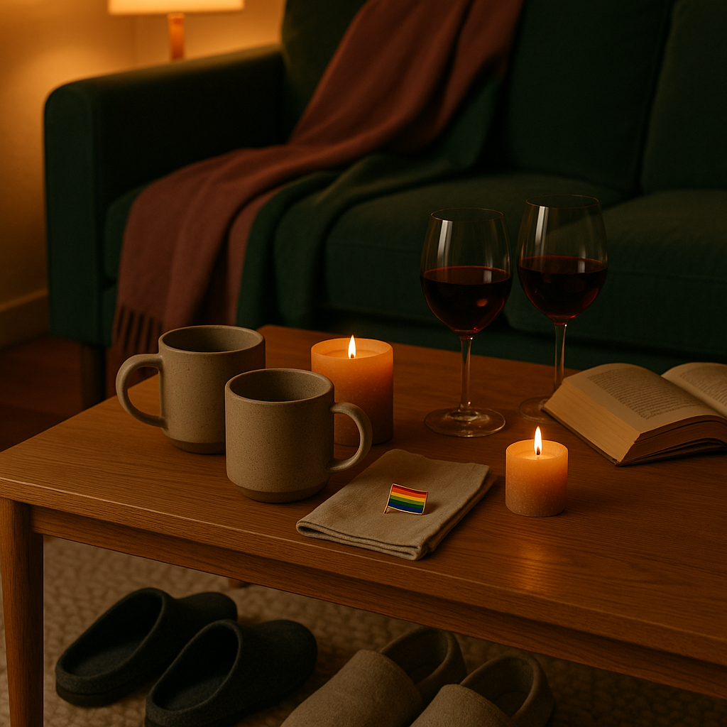 A queer couple sharing a slow Tuesday evening in a Sonoma County interior — soft window light, linen, two glasses on a low table