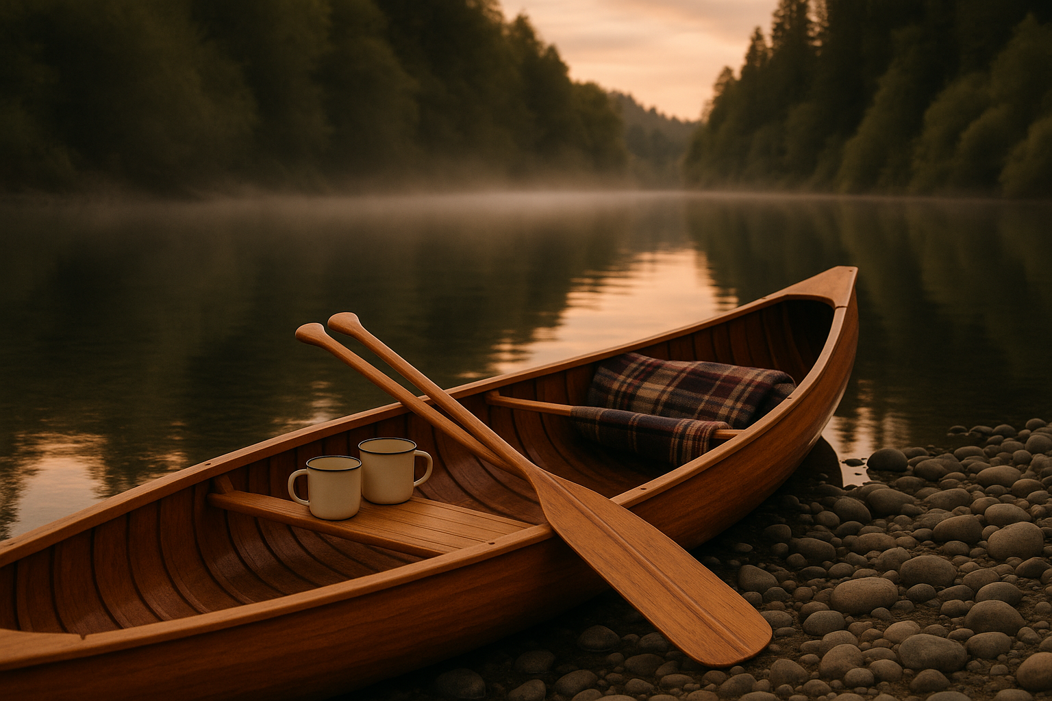 Vintage wooden canoe pulled onto the rocky shore of the Russian River at dusk — two paddles, two empty coffee mugs, a folded plaid blanket inside
