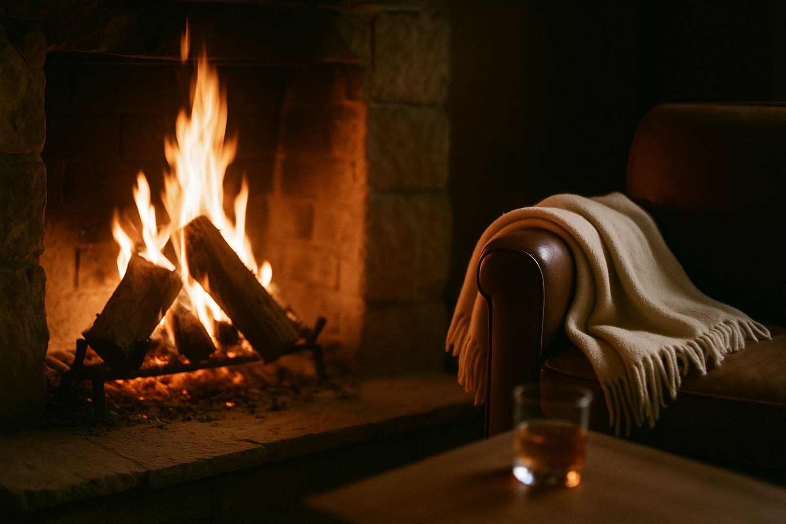 Single candle on a wooden side table, dim room