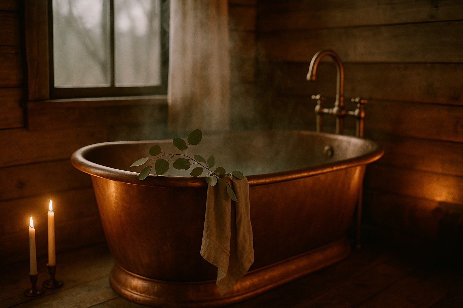 Candlelit copper soaking tub in a wine-country cabin, eucalyptus branch on the rim, brass fixtures, amber firelight