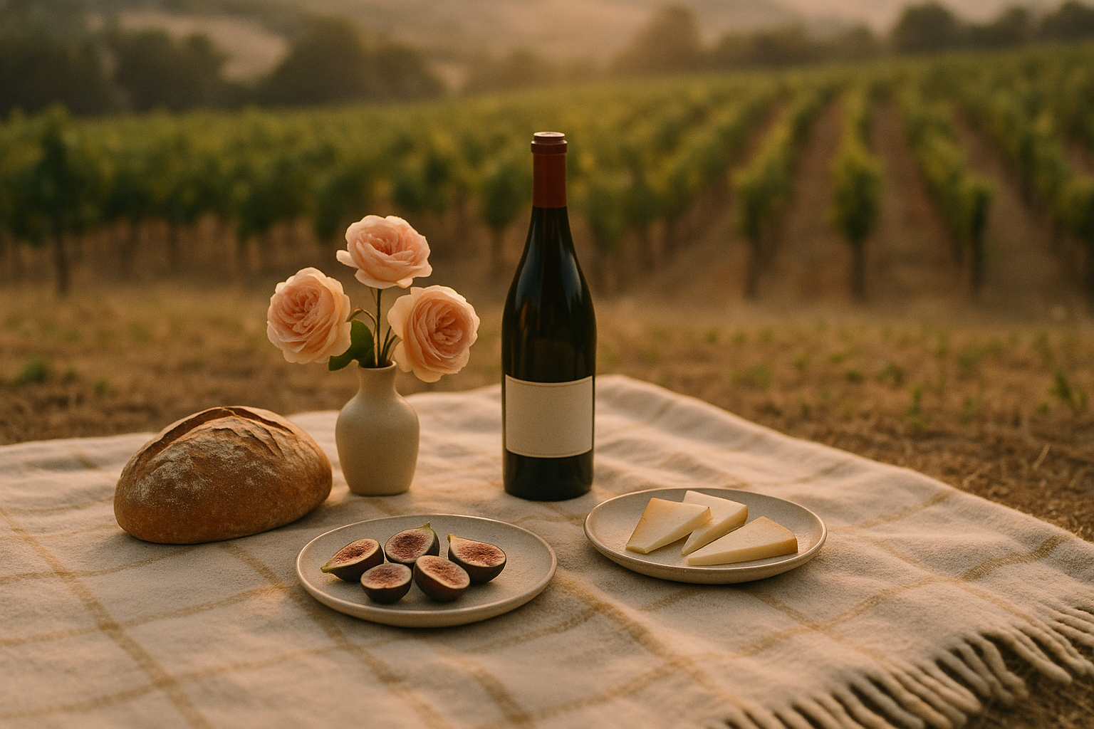 Wool picnic blanket in a Sonoma vineyard at golden hour — sourdough, garden roses, pinot, figs and manchego