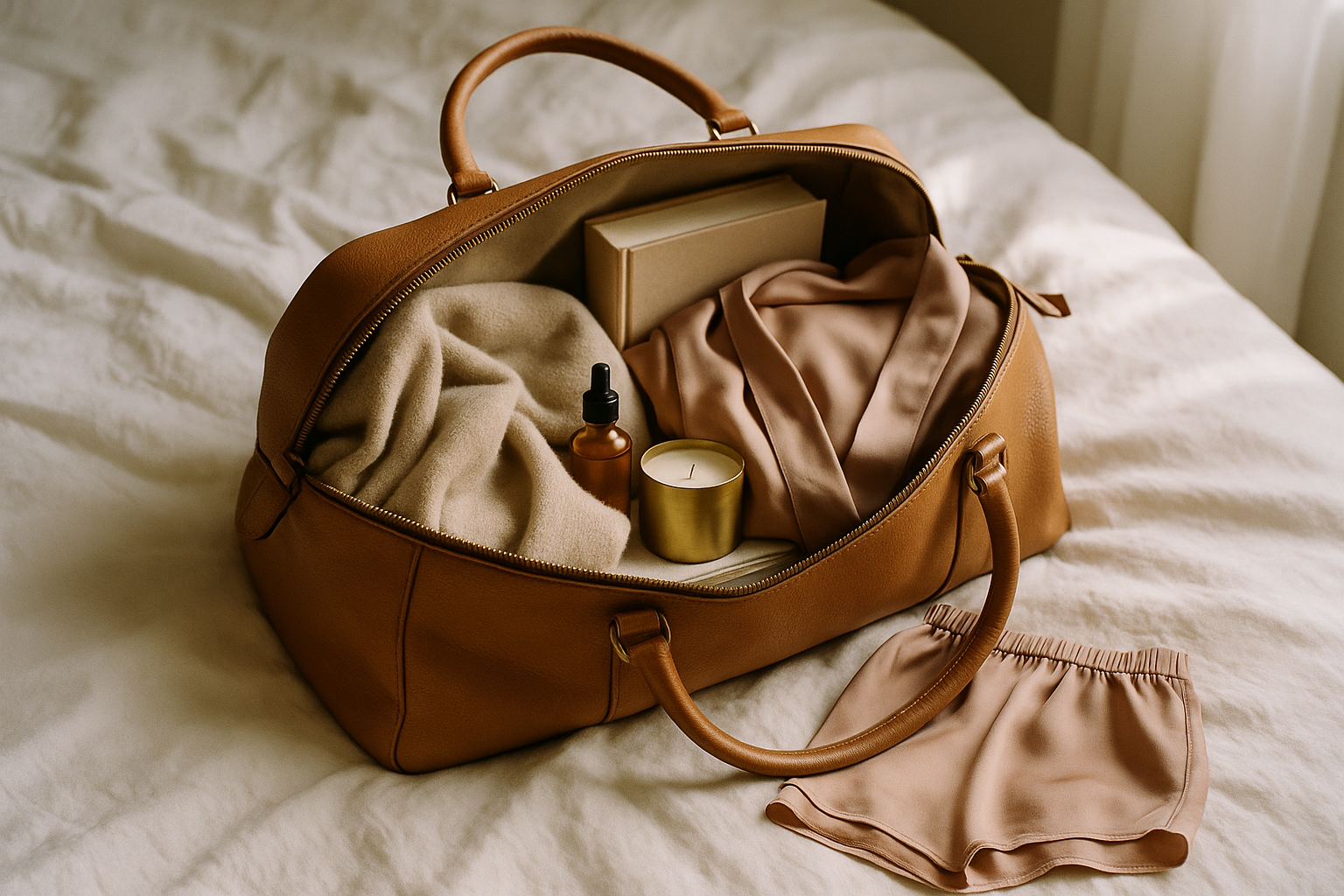 Tan leather weekend duffle bag open on a linen bed with cashmere, silk, and a candle spilling out