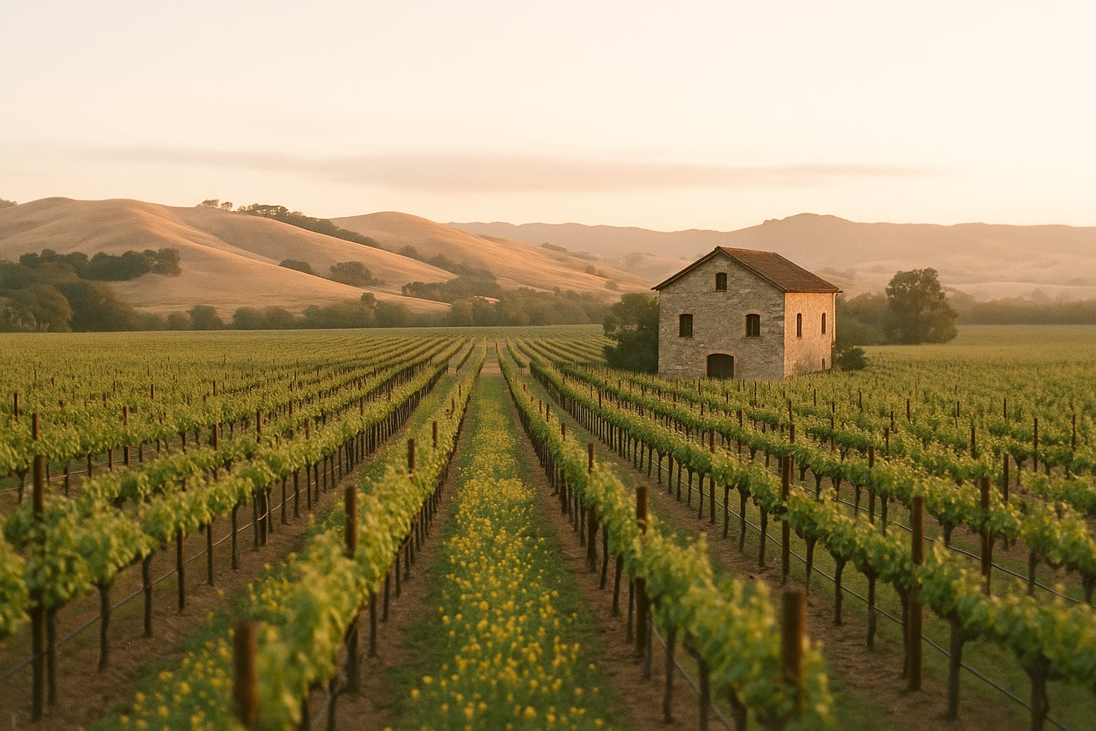 Alexander Valley vineyard at sunset — wide rows of cabernet vines, warm hills behind, a stone winery building catching last light