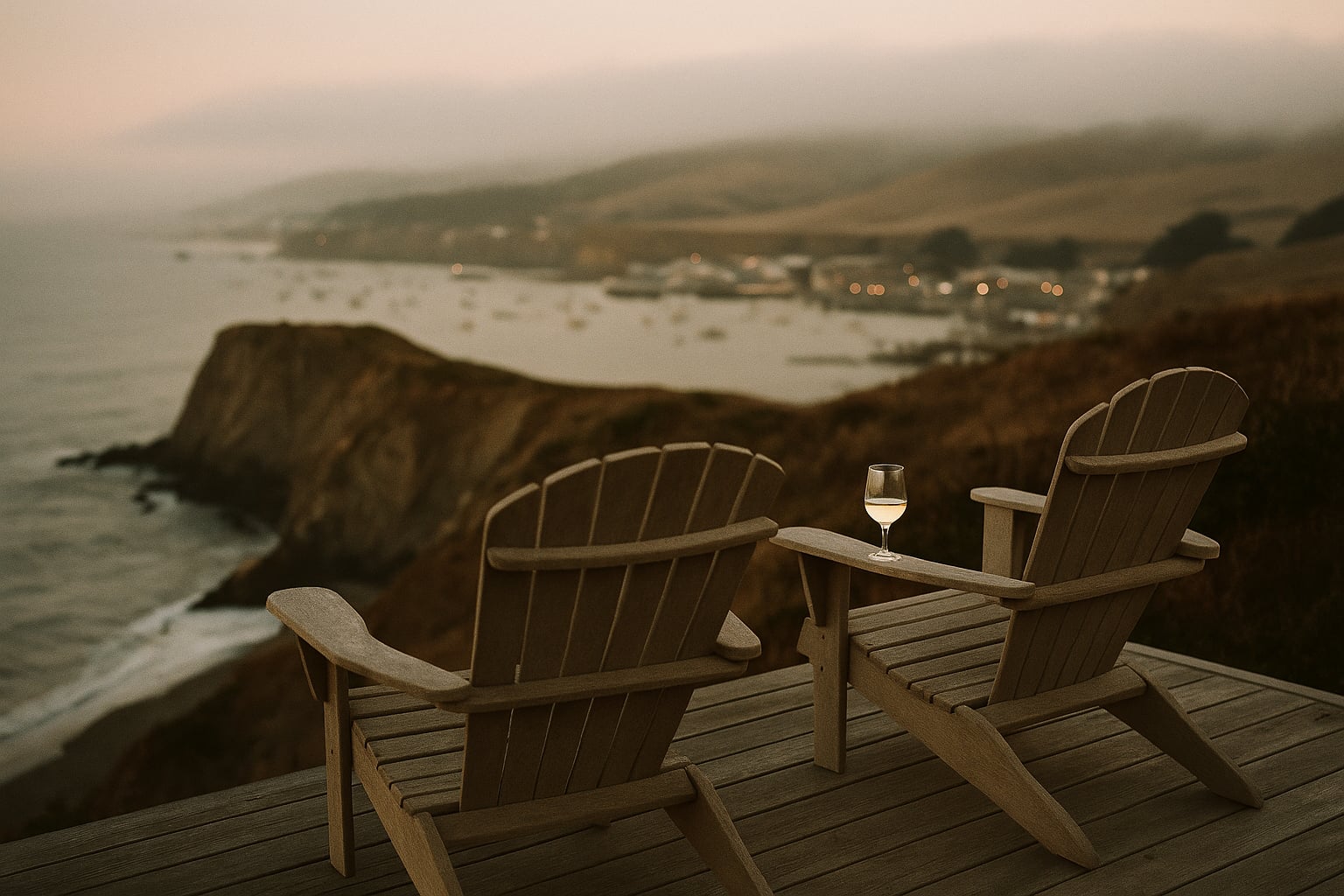 Bodega Bay at dusk — cliffs above the harbor, two adirondack chairs on a deck, a glass of sauvignon blanc catching last light