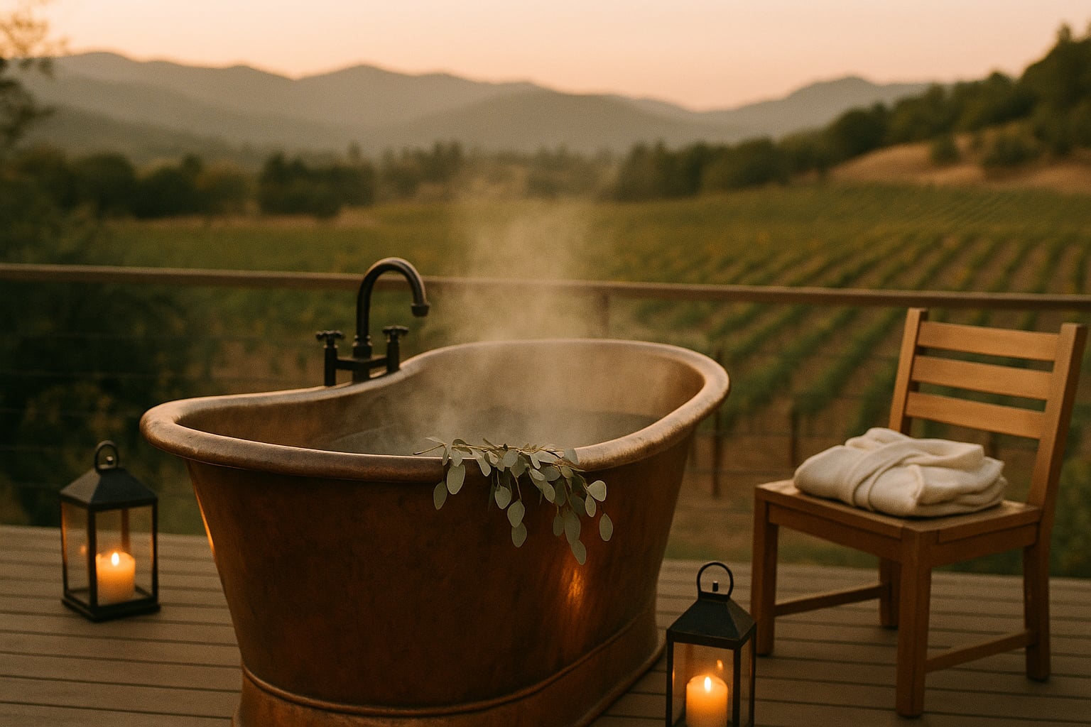 Calistoga at dusk — a copper soaking tub on a wood deck, eucalyptus on the rim, vineyard hills behind, lanterns lit