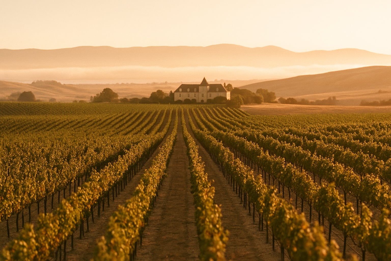 Carneros at golden hour — wide-open chardonnay rows, low rolling hills, the silhouette of a chateau in the distance, fog at the horizon