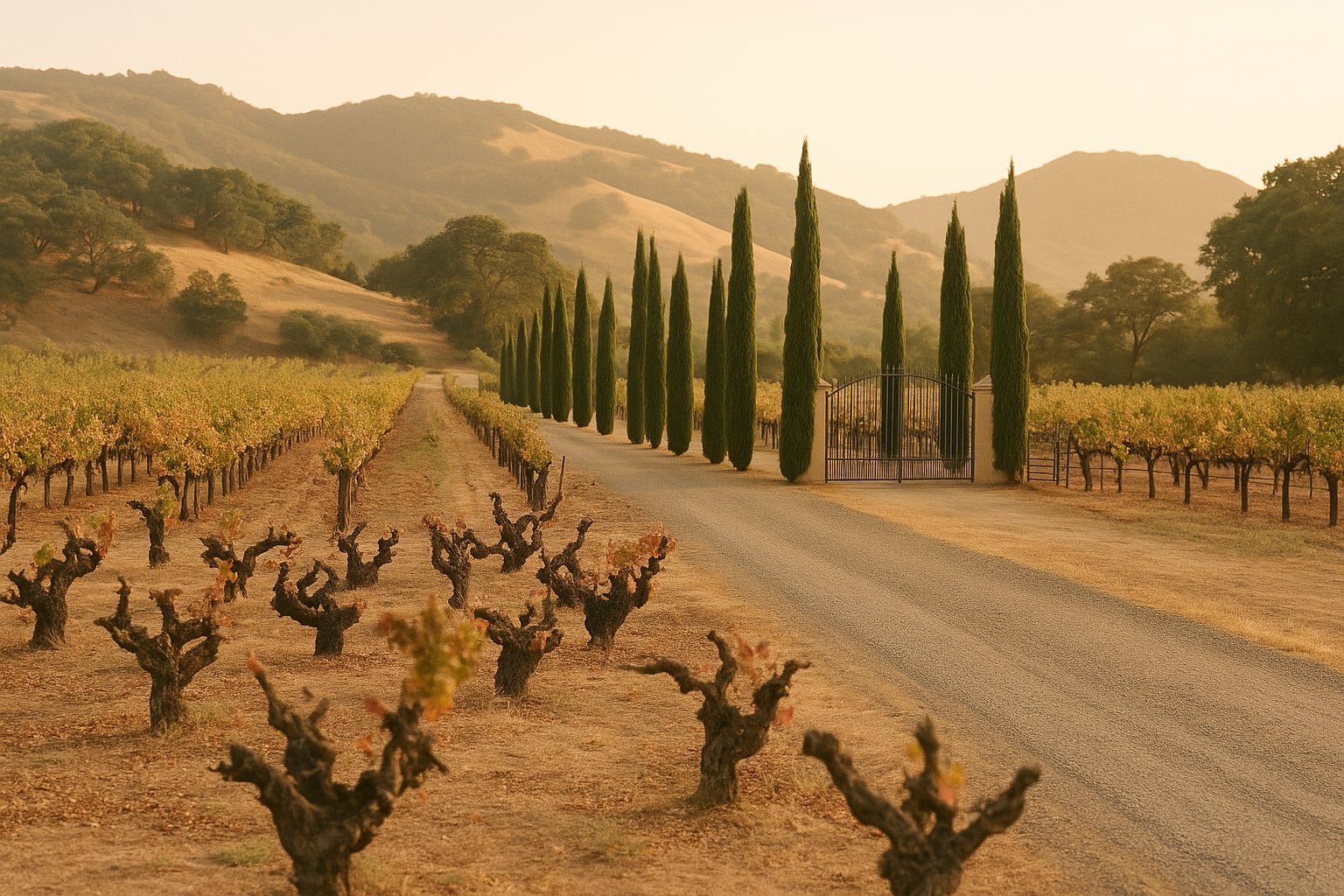 Dry Creek Road in late afternoon — old-vine zinfandel rows, oak hills behind, a long row of cypress at a winery gate