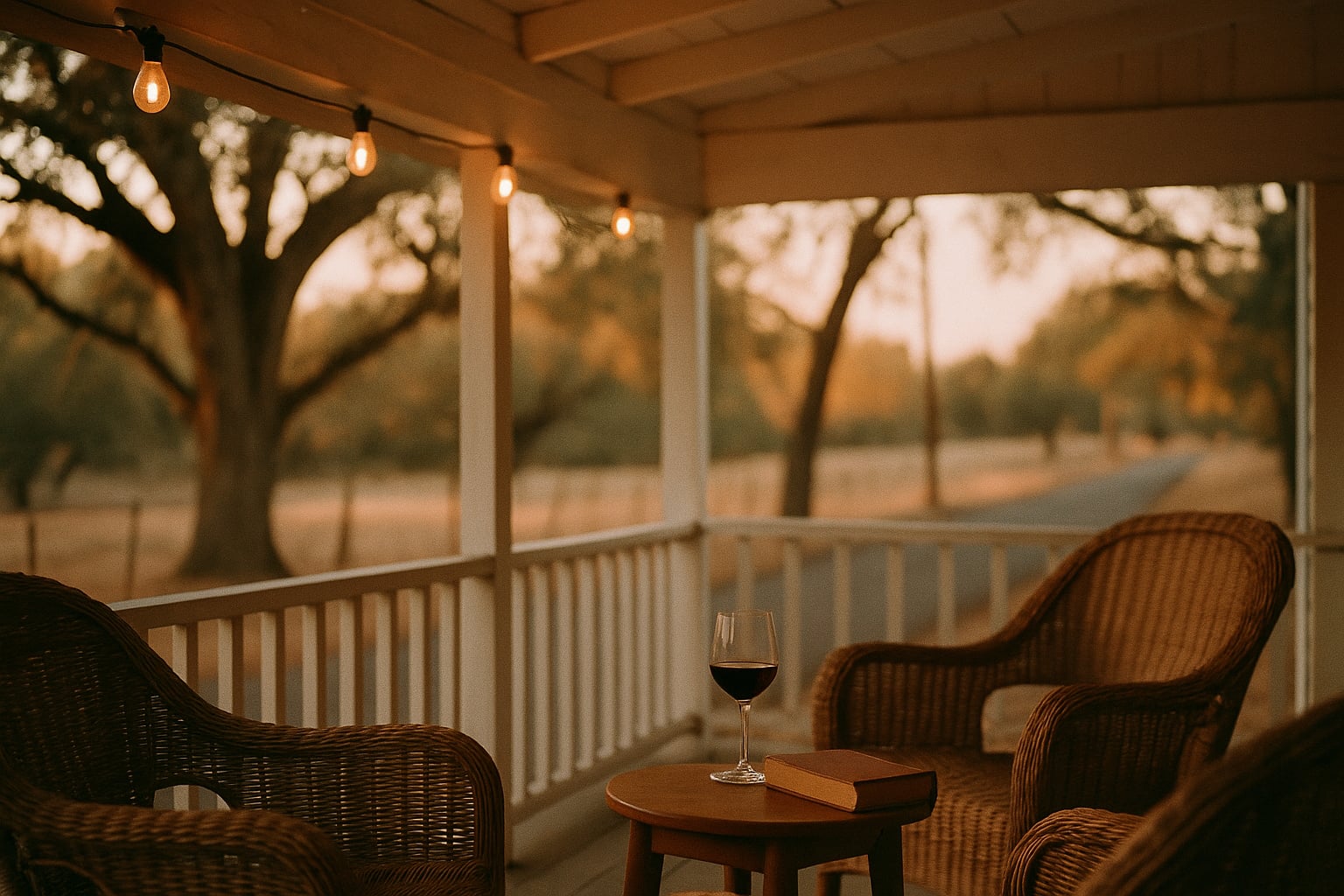 Glen Ellen at dusk — a covered porch with woven chairs, a single string of café lights, an oak tree throwing late shadows over the road