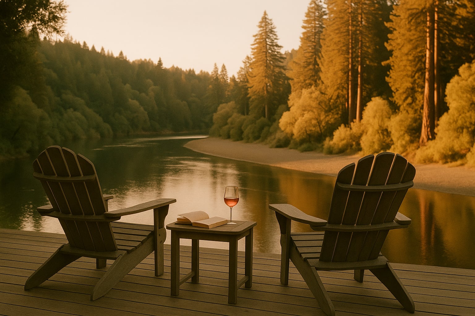 Guerneville at golden hour — Russian River bend, a wood deck with chairs, redwoods catching the last light