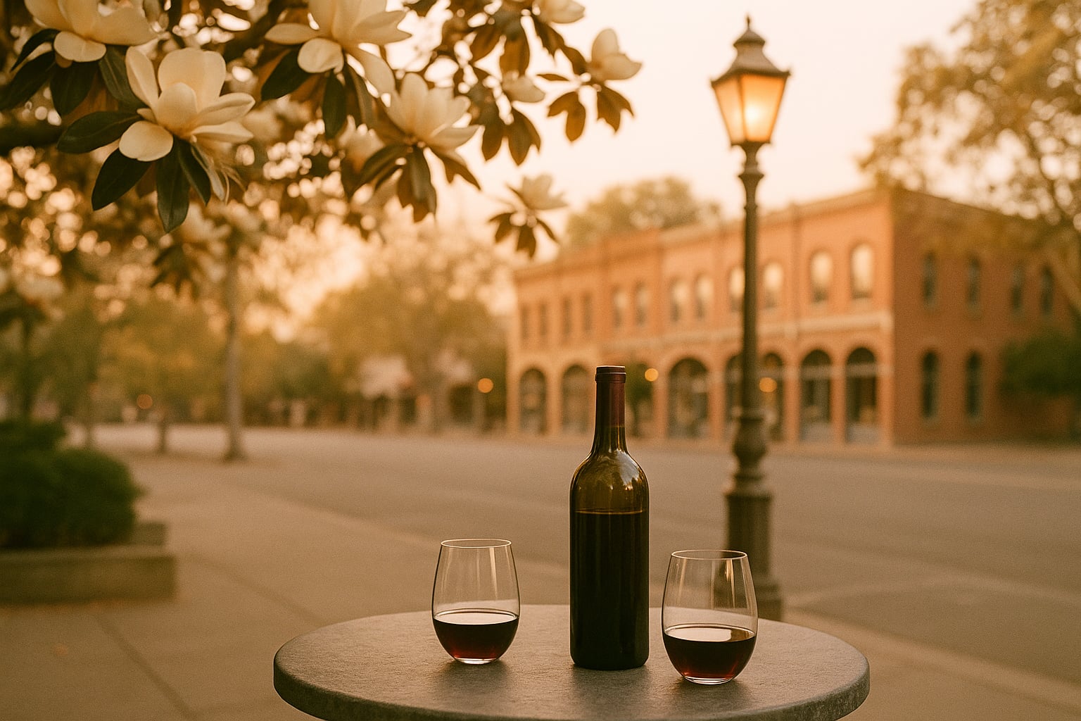Healdsburg plaza at golden hour — magnolia trees, brass lanterns, a couple at a sidewalk table with stemless wine glasses