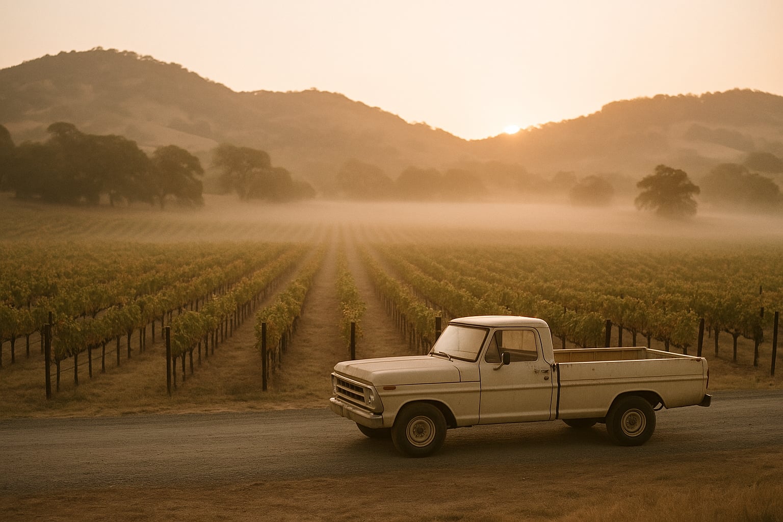A Kenwood vineyard at sunrise — fog still in the rows, oak hills beyond, a single pickup truck on the gravel road