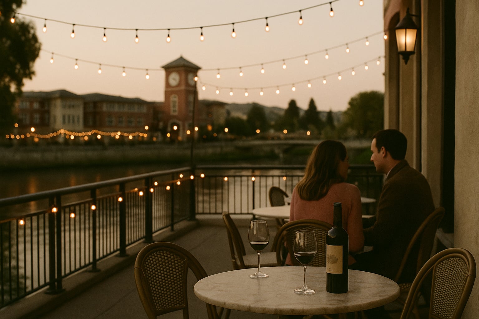 Downtown Napa's riverfront at evening — string lights over the water, a couple at a sidewalk table outside Compline, a glass of red