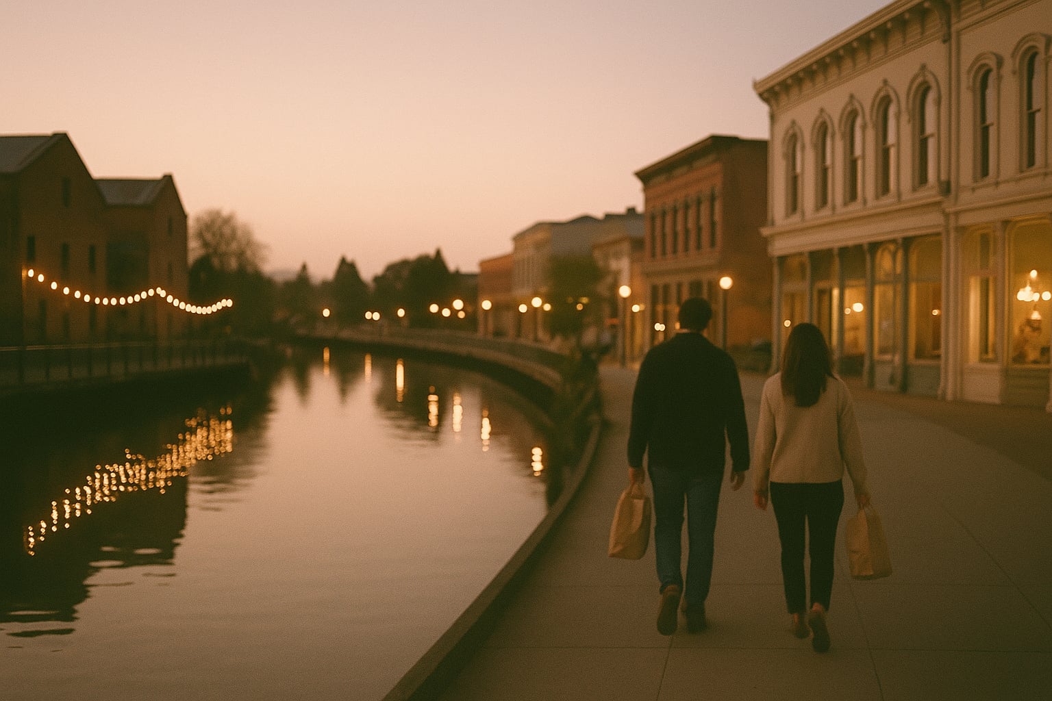Petaluma's historic downtown at dusk — riverwalk lights, brick warehouses, a couple walking with takeout from Della Fattoria