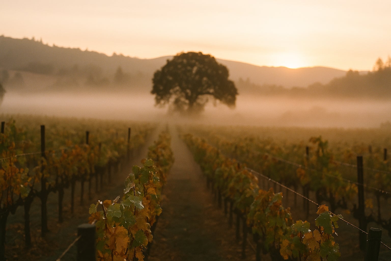 Russian River Valley vineyard at dawn — fog still in the lower rows, sunrise on the ridge, a single oak tree in the middle distance