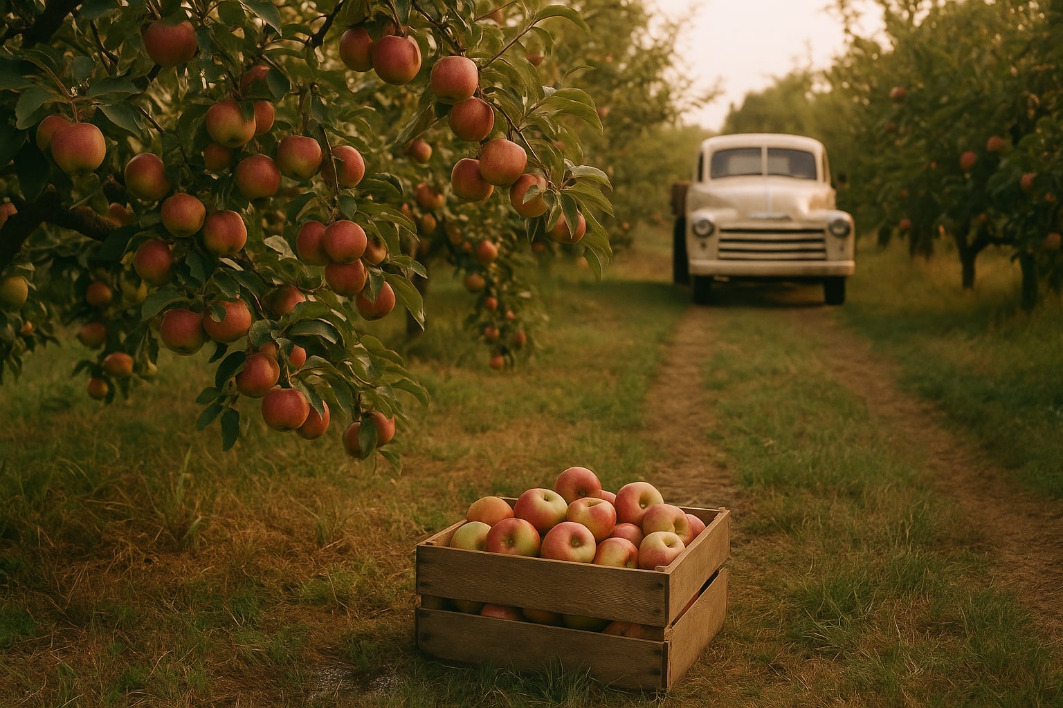A Sebastopol apple orchard in late summer — low branches heavy with gravenstein, a wood crate, a vintage truck on the path