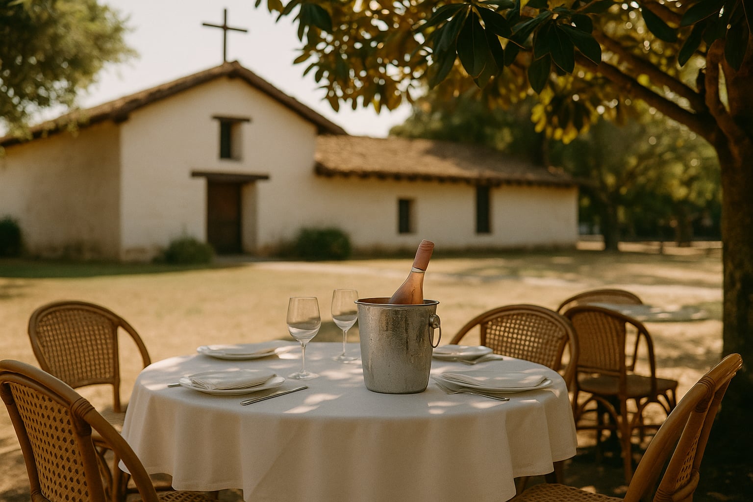Sonoma plaza on a warm afternoon — historic adobe walls, an outdoor table set for four, a bottle of rosé sweating in an ice bucket