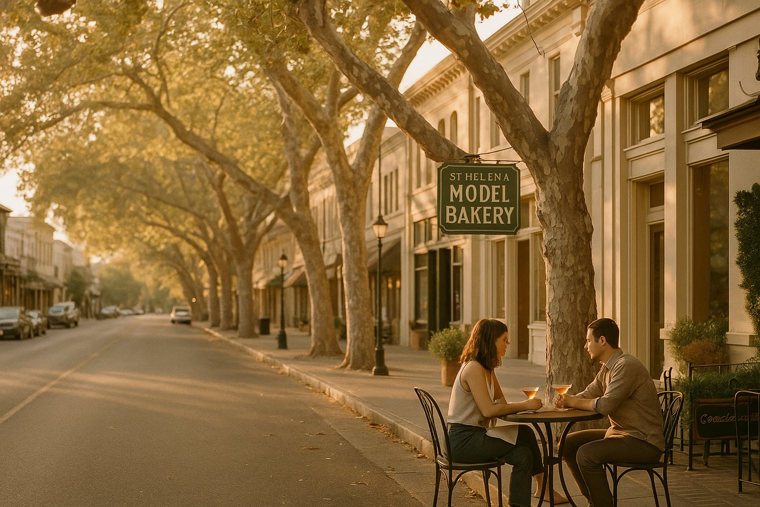 St. Helena Main Street at golden hour — sycamores arching the street, a couple at a Goose & Gander patio table