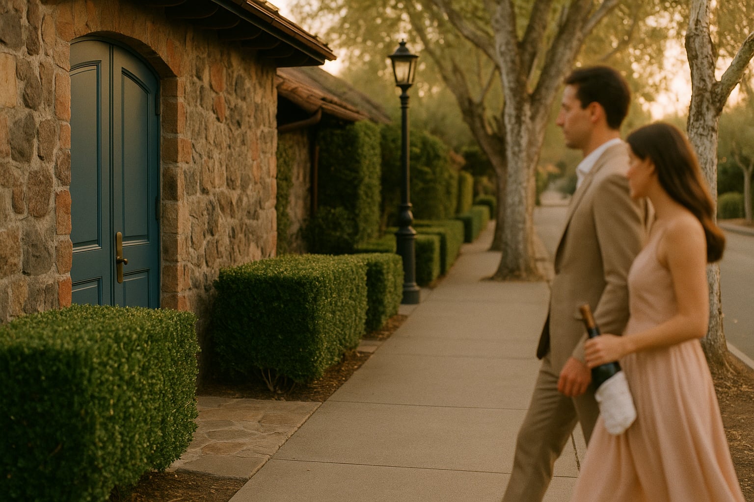 A Yountville sidewalk in late afternoon — French Laundry's blue door, a couple in soft tailoring walking with a bottle